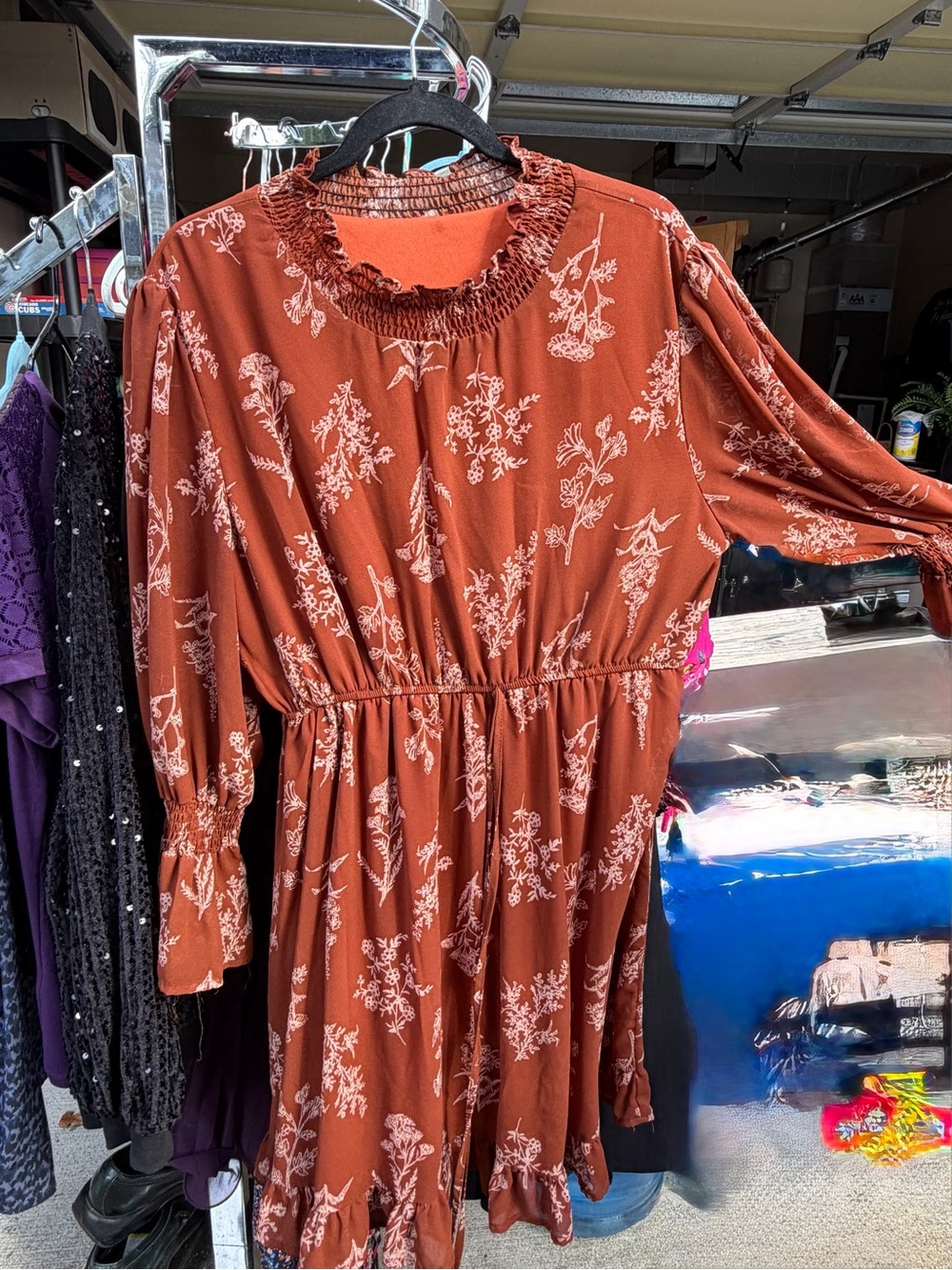 SHEIN Rust Floral Long Sleeve Ruffle-Neck Dress